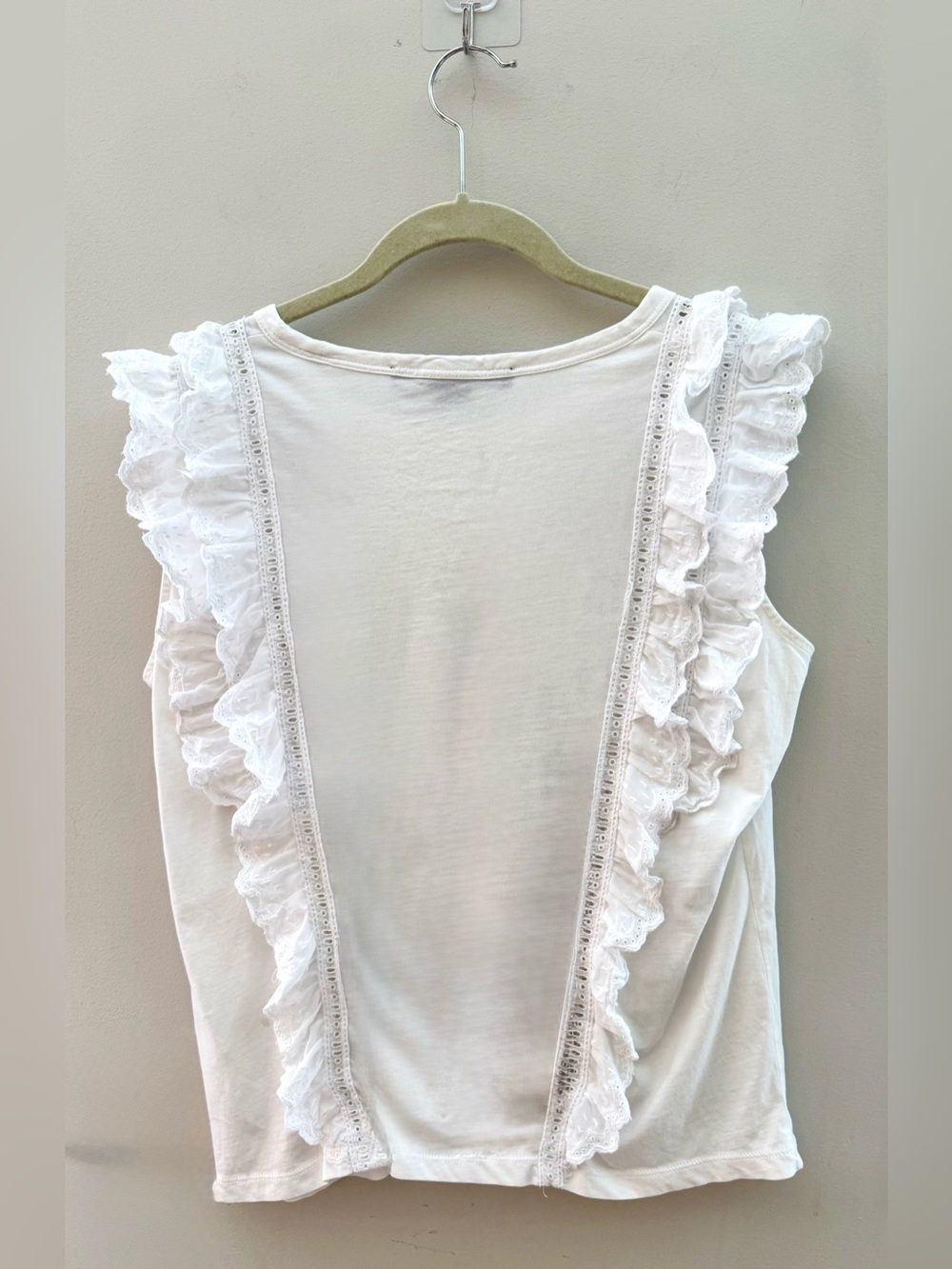 Veronica Beard Jeans White Ruffle Eyelet Trim Sleeveless Pima Cotton Tee Top M - Picture 2 of 3